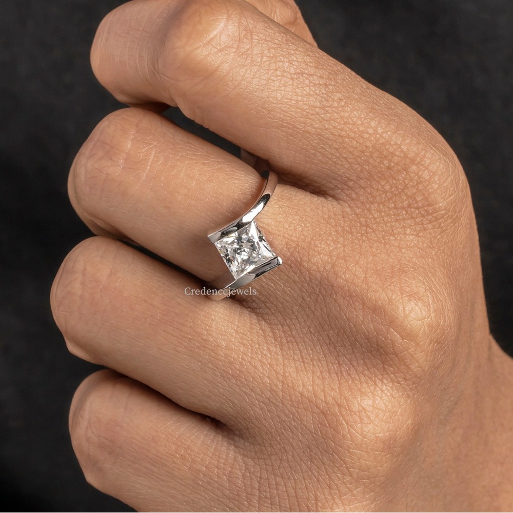 Princess Cut CZ Tension Set Swirl Silver Ring